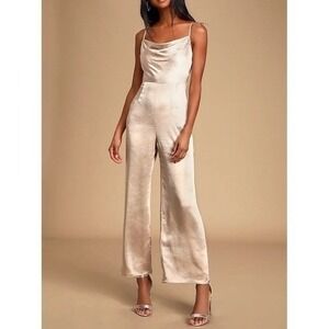 NWT Lulus Perfect Night Champagne Satin Cowl Neck Culotte Jumpsuit‎ XL